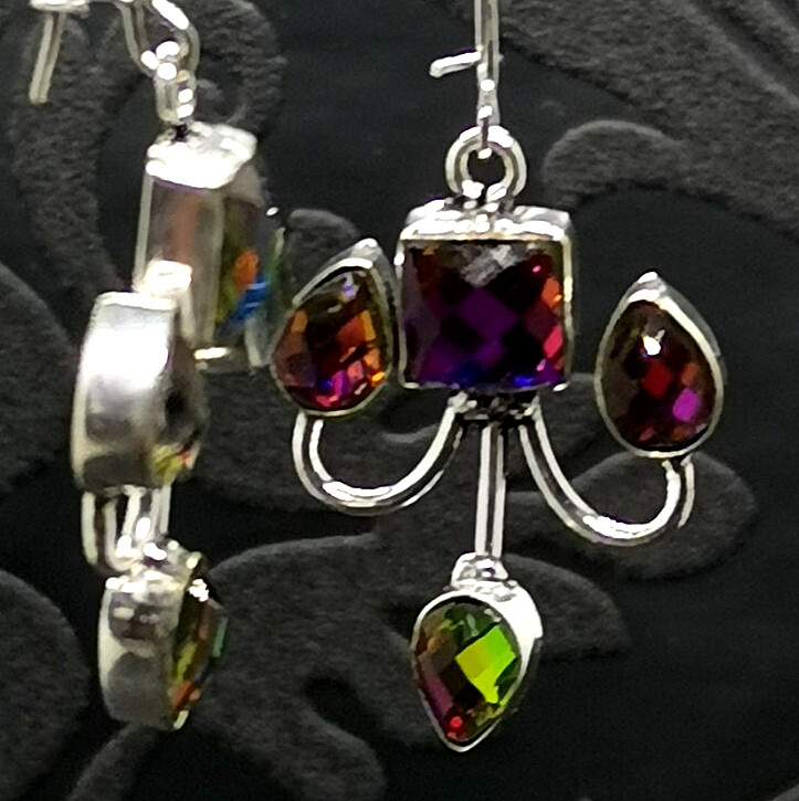 Rainbow Mystic Topaz Silver Dangles Drop French-wire Huggie Earrings 68mm (906H) gallery