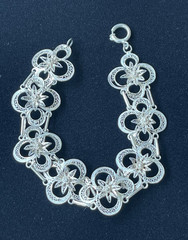 Silver Tone Floral Filigree Bar Link Chain Bracelet Spring Ring Clasp 7 in