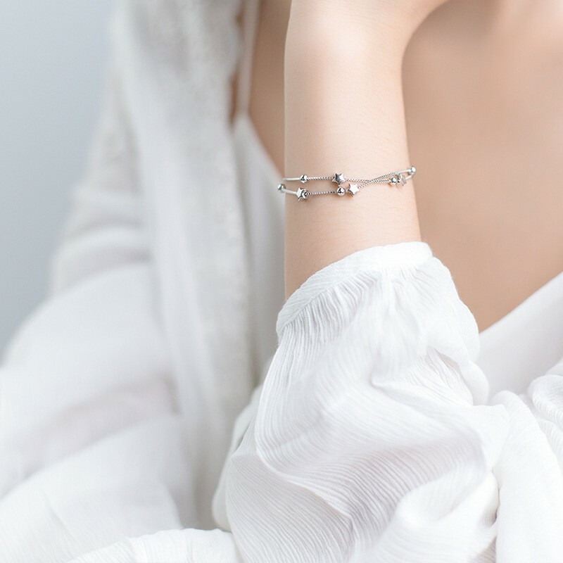Women 925 Sterling Silver Wrist Chain 3D Geometry Ball Star Square Bracelet 0134 gallery