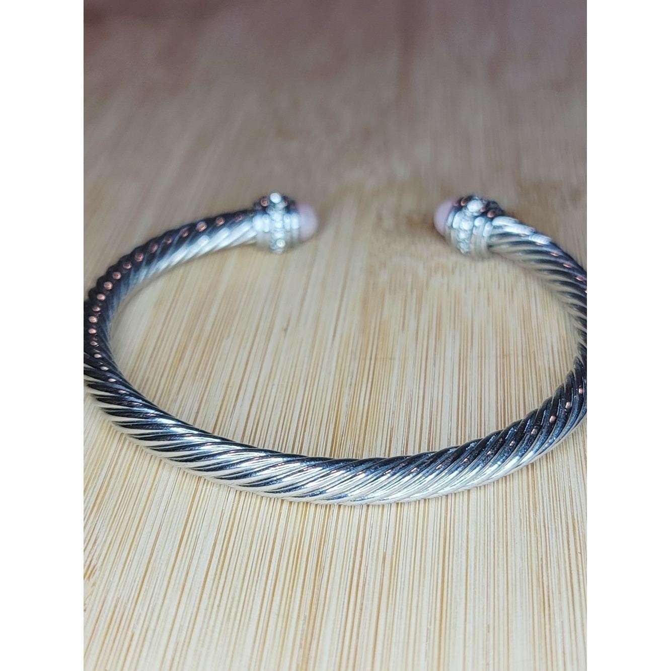 Silver Tone Cable Cuff Bracelet Pink Simulated Pearl Rhinestone Open Cuff Bangle gallery