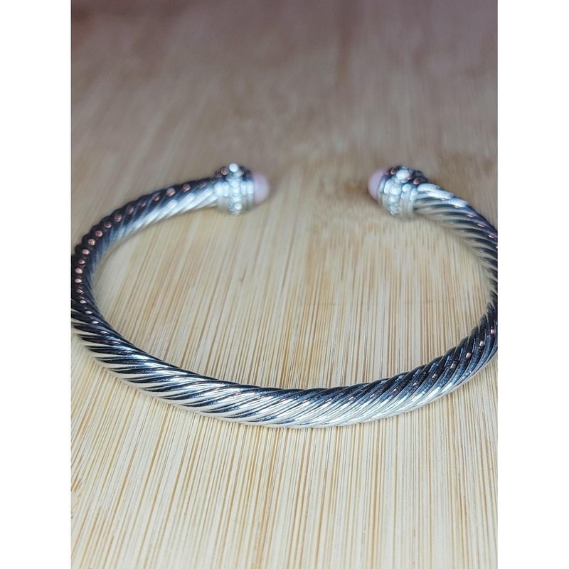 Silver Tone Cable Cuff Bracelet Pink Simulated Pearl Rhinestone Open Cuff Bangle gallery