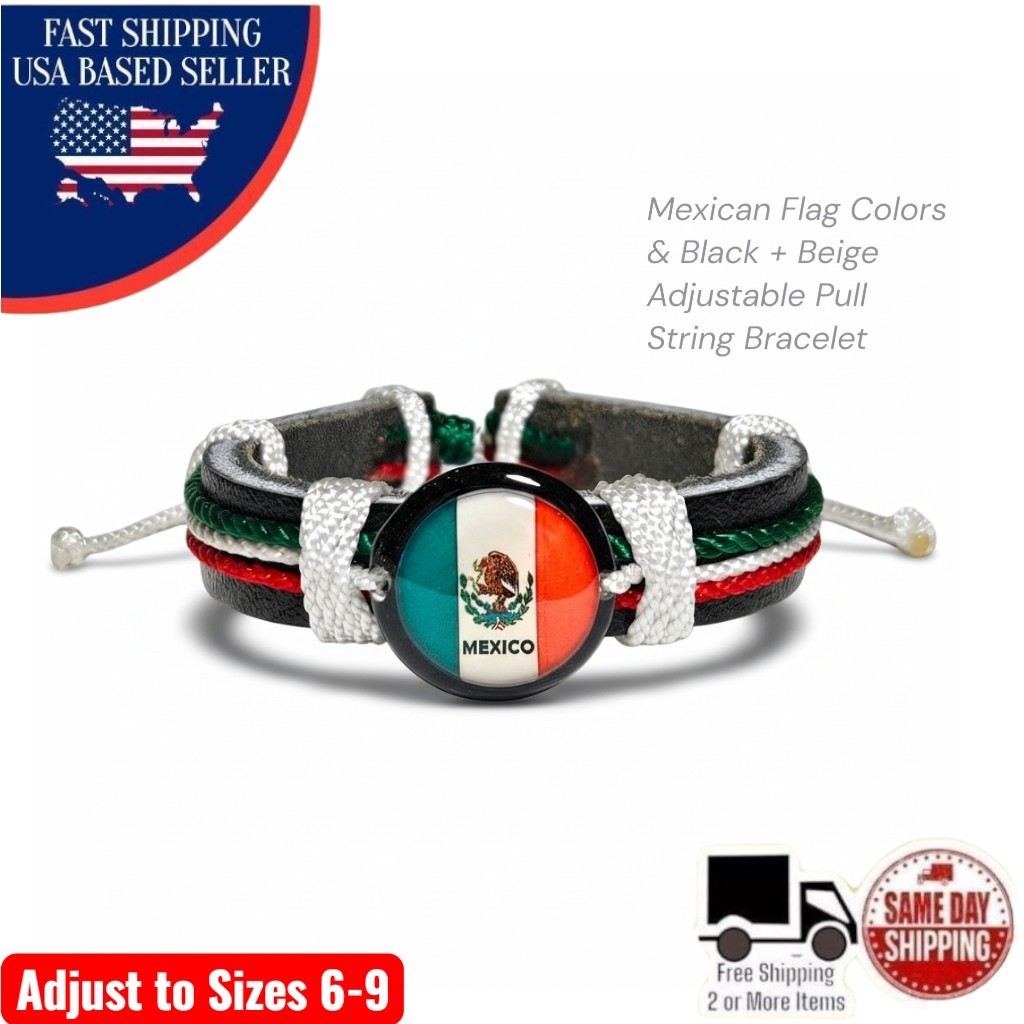 Mexican Flag Colors & Black + Beige Pull String Adjustable Bracelet Sizes 6-9 gallery