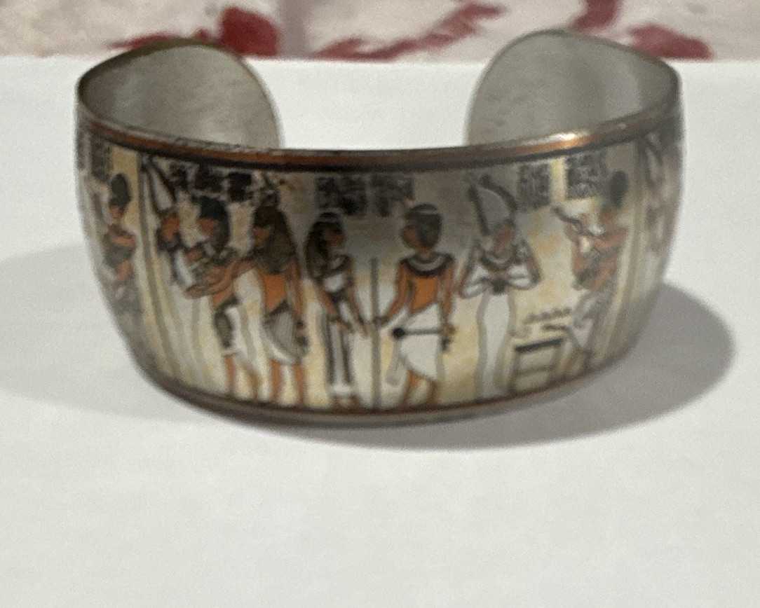 Frieda Barton Signed Silverplate Cuff Bracelet, Egyptian Motif Scene gallery