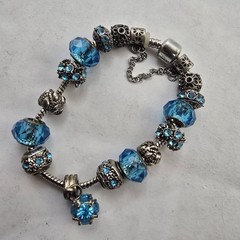 Blue Crystal European Style Bracelet Silver Tone Rhinestone Beads Dangle
