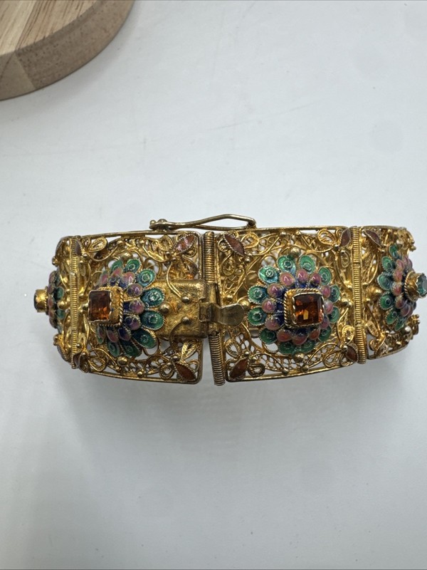 New Barbara Garwood Sterling Silver Enamels Filigree Gold Tone Gemstone Bracelet gallery