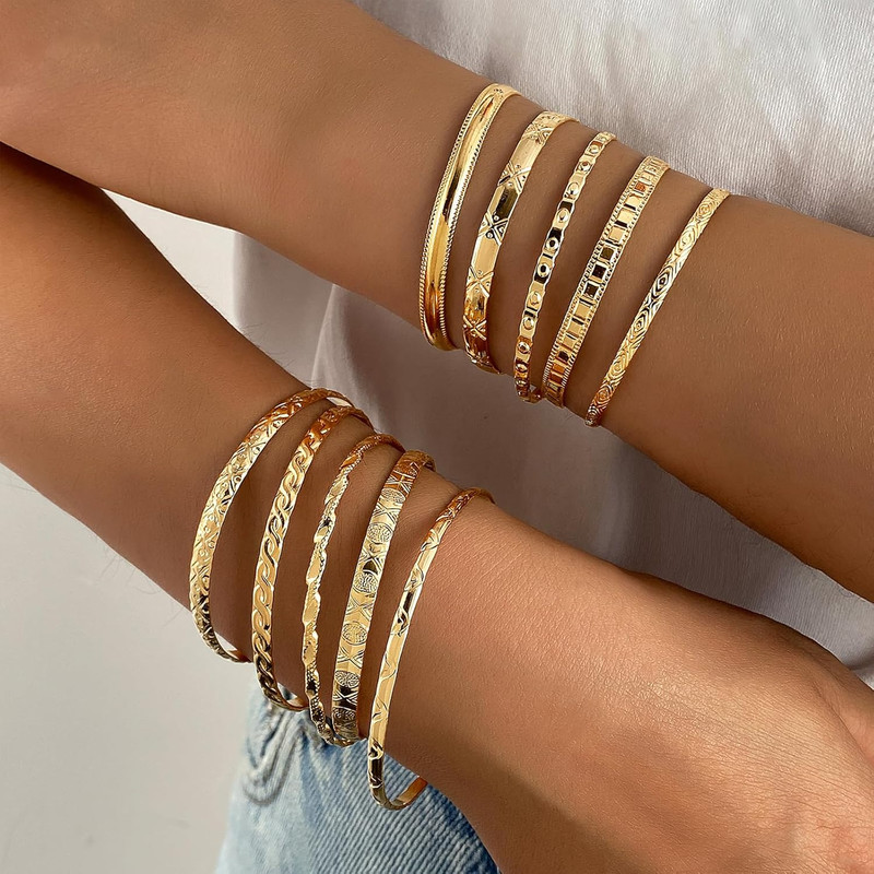 Gold Bangles Bracelets for Women, 14K Gold Plated Multi Layer Stackable Open Bra gallery