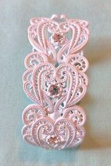 White Enamel Clear Rhinestone Wide Lace Panel Stretch Bracelet Victorian Reviva