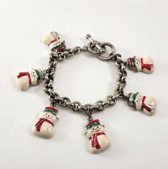 Christmas Snowman Charm Bracelet Enameled Dangle Silver Tone Toggle