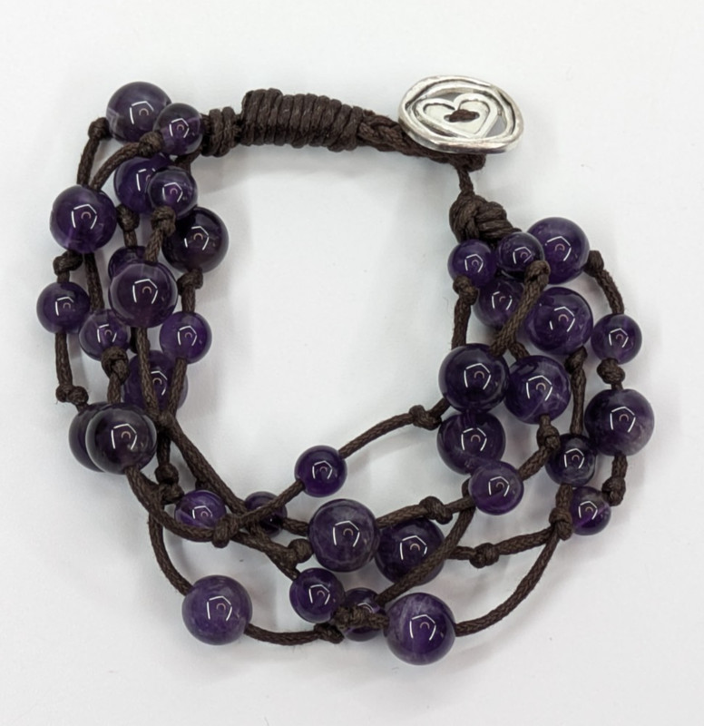 Purple Amethyst Stone Beaded Multi Strand Sterling Silver 925 LA Signed Bracelet gallery