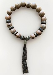Bohemian Natural Wood Beaded Stretch Bracelet with Tassel Charm Boho Festival