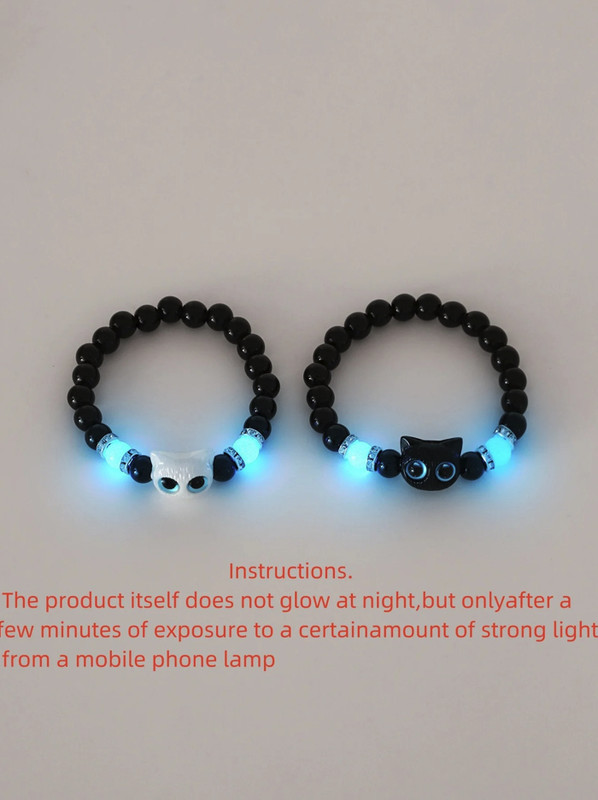 1PC Luminous Cat Couple Bracelet: Matching Black White Glow In Dark Gift - NEW gallery