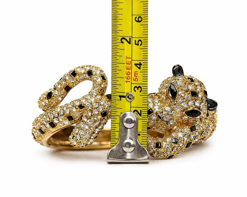 Vintage Leopard Panther Rhinestone Hinged Bangle Bracelet Gold Tone Black Enamel gallery