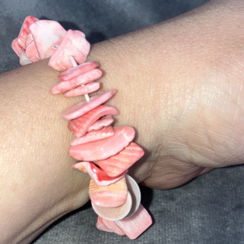 Pink & White Shell Chip Bead Stretch Bracelet, Beaded Beach Theme Jewelry gallery