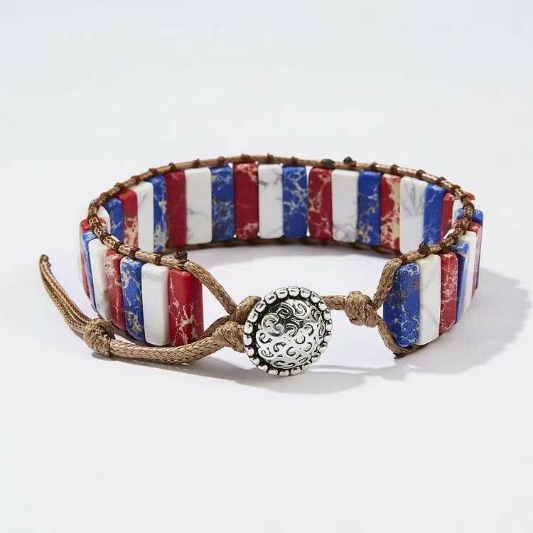 Unisex Natural Emperor Stone Bracelet American Flag Hand Made Knitted 0680 gallery
