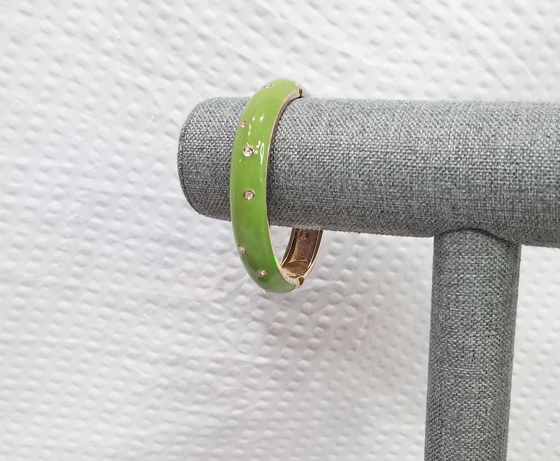 New! Celery Green Enameled Gold Tone and Crystal Oval Domed Clamper Bracelet gallery