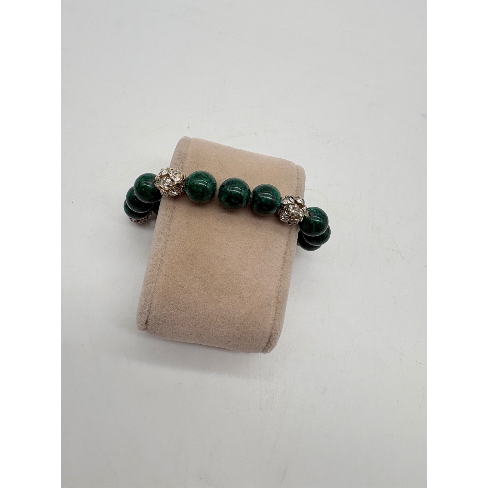 Green Beaded Stretch Bracelet Silver Rhinestone Filigree Accents gallery