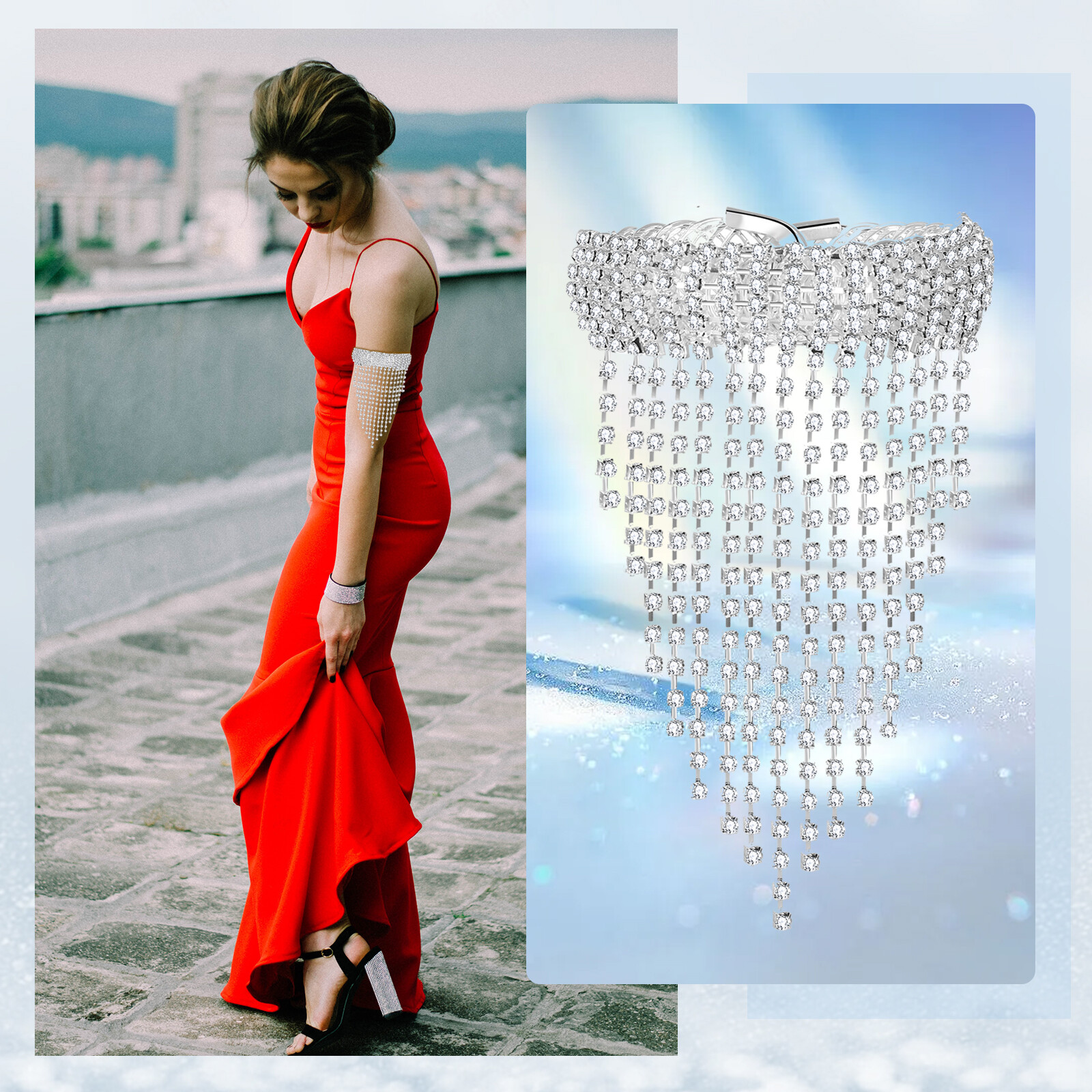Womens Bling Rhinestone Tassel Upper Arm Elastic Bracelet Bridal Wedding Bangle gallery