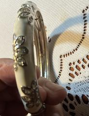 White Enamel Silver Tone Floral Marquise Rhinestone Hinged Bangle Bracelet