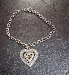 vintage Cable Chain Charm Bracelet Heart Dangle White Crystal, Spring Ring