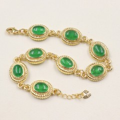 Hot Sale Real 18K GP Chain Heated Green Jade Oval Gemstone Bracelet Gift 7.48in