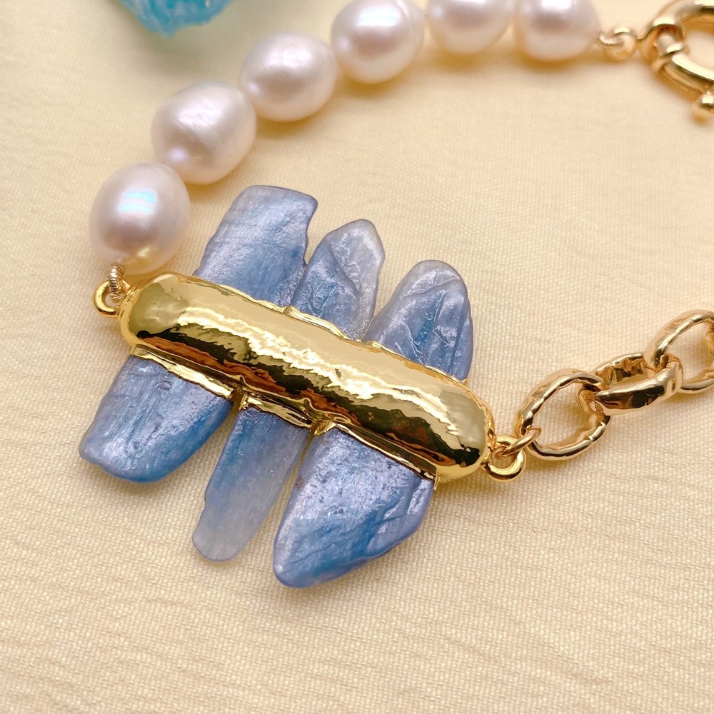 Cultured White Rice Pearl Kaynite Bracelet Blue Gemstone Jewelry gallery