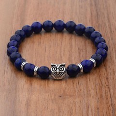 Men’s Owl Spot Natural Lapis Lazuli Stone Silver Owl 8MM Beaded Charm Bracelets