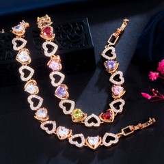 Rainbow Colorful Wedding Heart Chain Link Bracelet Yellow Gold Plated CZ Jewelry