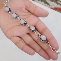 Auction jewelry pink rose quartz stone silver plated bracelet Sz 8″/adjustable