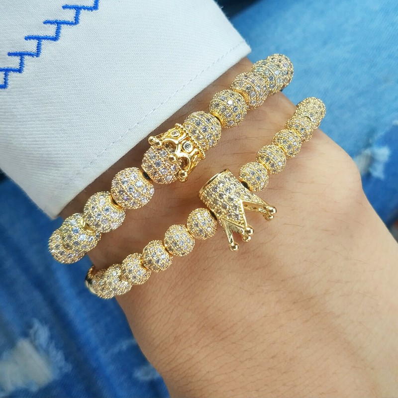 Luxury Men Cubic Zirconia Queen & King Crown Bracelet Roman Numerals Cuff Bangle gallery