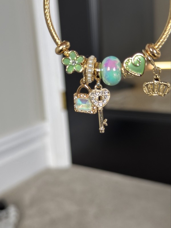 LuxeTreasures Gold Bangle Mint Green Key Crown Lock Charms bracelet gift ready gallery