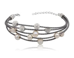 Grey Leather Cord Genuine Pearls & White Crystal Balls Sterling Silver Bracelet