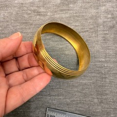 Vintage Solid Brass Wide Bangle Bracelet Ribbed Edge Gold Tone Domed Cuff 2.6in