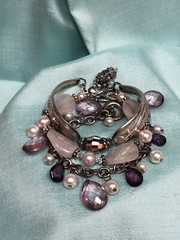 Lot of 3 Rose Quartz Faux Pearl, Amethyst Glass and Silver Tone Bracelets