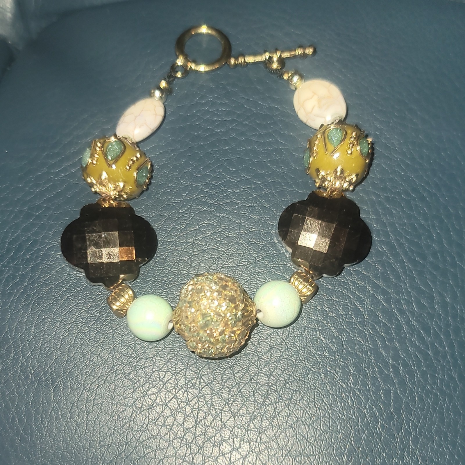 Gold Tone Beaded Charm Bracelet w/ Toggle Clasp Nickel-Free Black Aqua White gallery