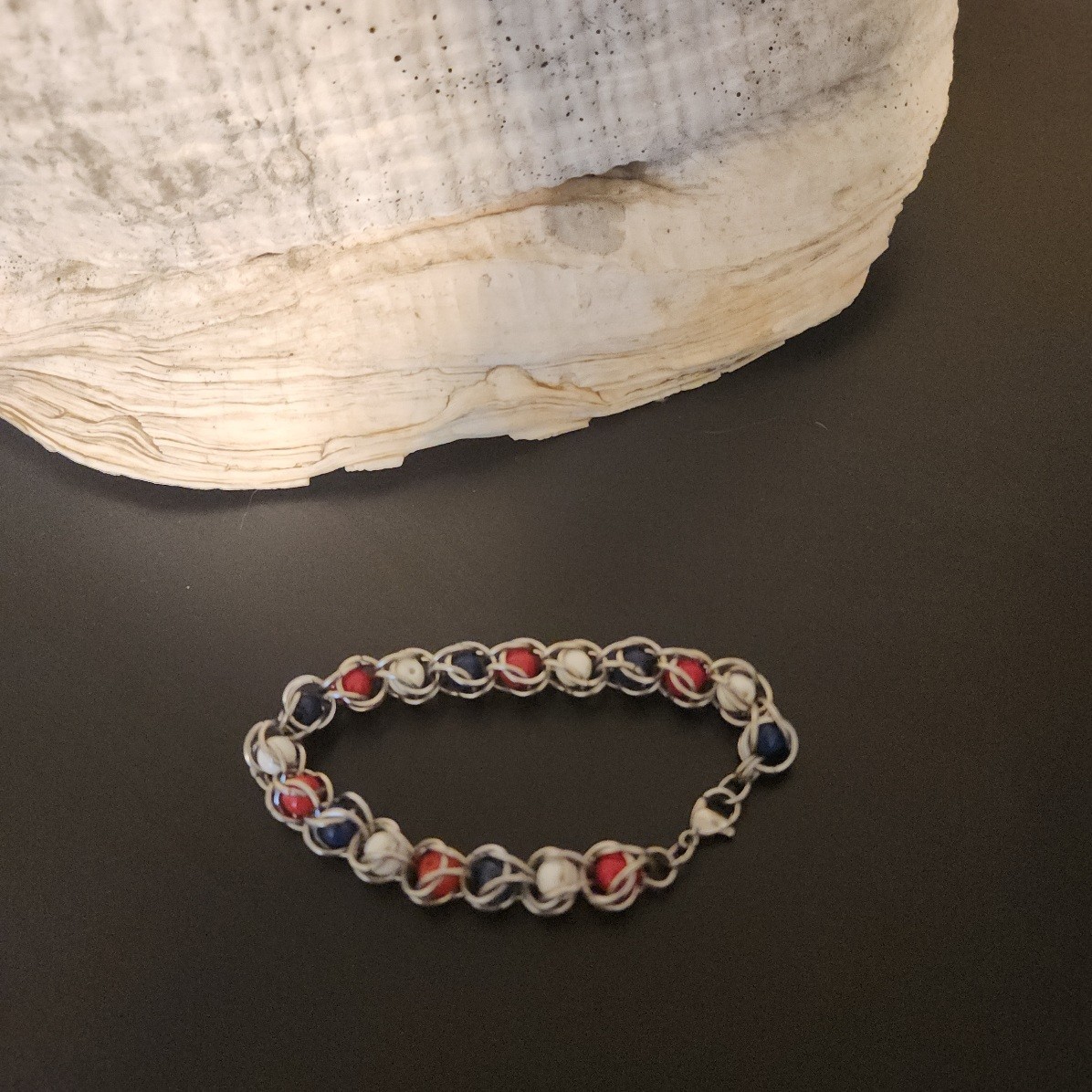 DAR-Inspired Stainless Steel Chainmail Bracelet - Red White Blue Beads 8" gallery