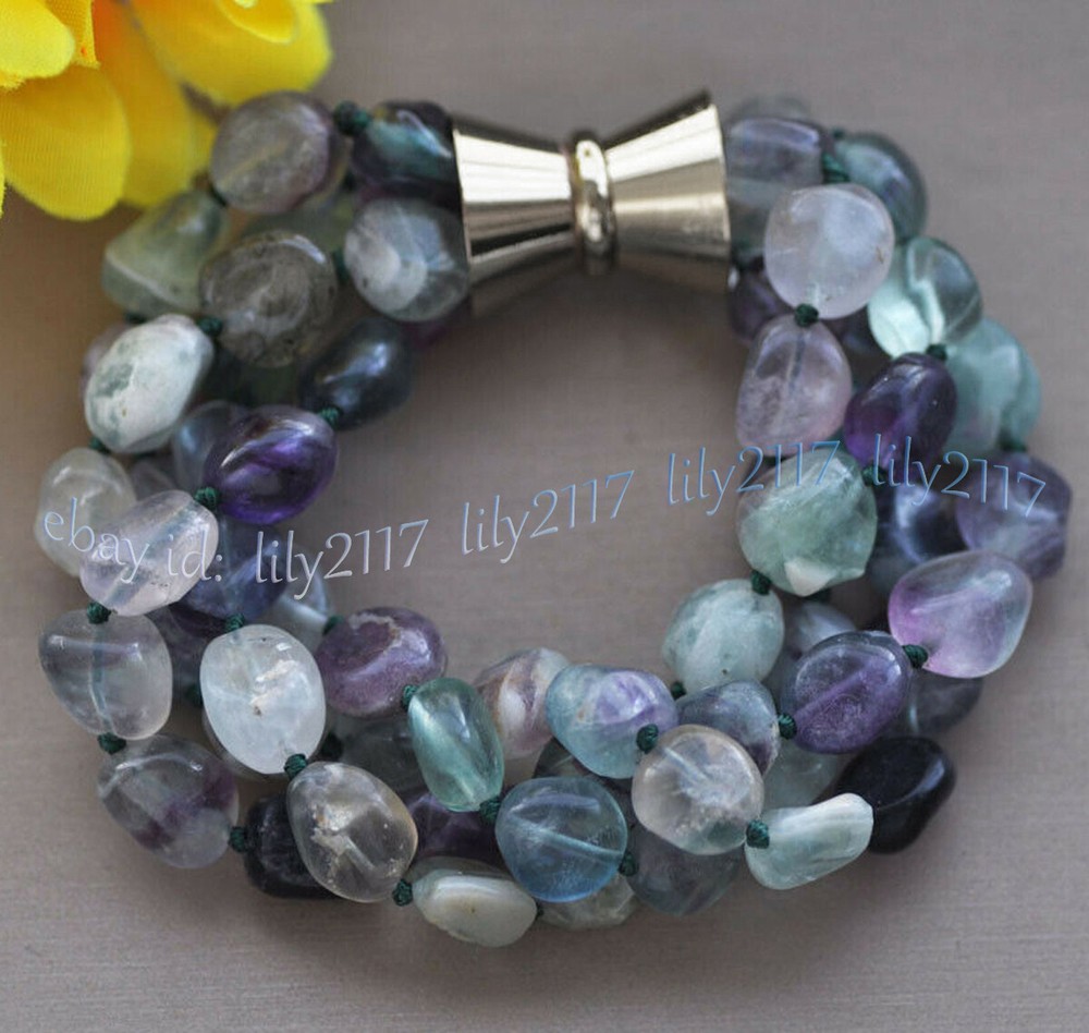 4 Rows Multicolor 8-10mm Natural Fluorite Irregular Freeform Gemstone Bracelet