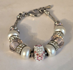 Silver Tone Snake Chain Bead Charm Bracelet Pink Crystal Pavé Lobster Stackable