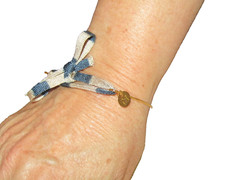Missoni Gold Tone Tie Bracelet Blue Tie with Gold Tone M Charm Original Box