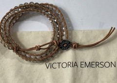 Victoria Emerson Bracelet Crystal Bead Leather Three Wrap with Pouch 21″ Length