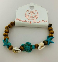 Coastal Starfish Beach Stretch Bracelet Nautical Tortoise Shell Wood Beads