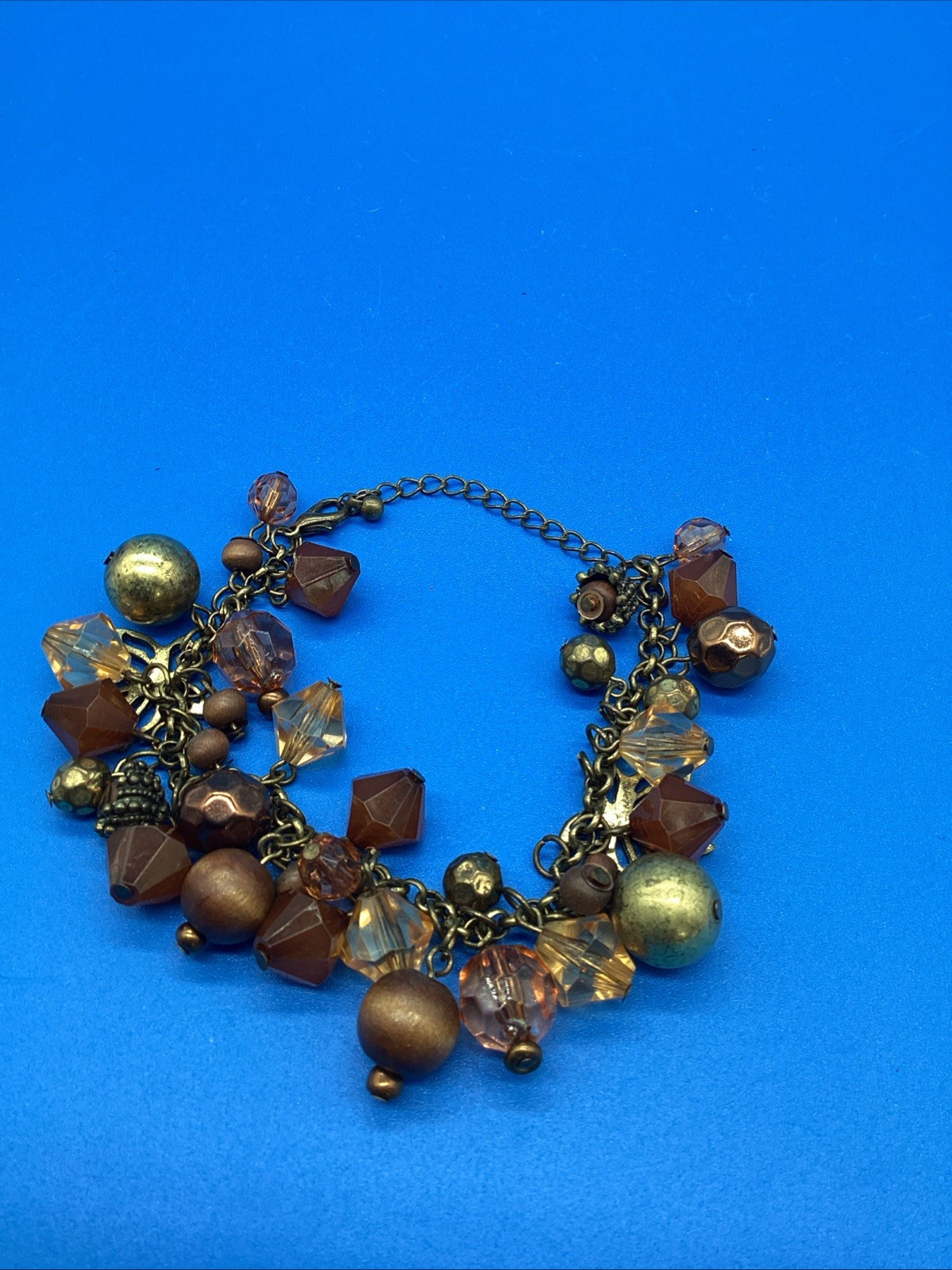Vintage Boho Chunky Charm Bracelet Earth Tones Bronze Gold Wood Glass Beaded gallery
