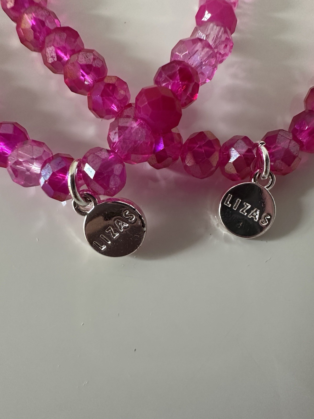 LIZAS Pink Beaded Stackable Bracelet Set of 2 7 in Dangle Charm Ball Chain gallery