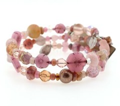 Artisan OOAK Glass Flower Bead Wrap Bracelet Dusty Pink Frosted Sea Etched BNWT