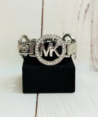 Michael Kors Signed Round Logo Silver Wide Cuff Bling Rhinestone CZ Bracelet