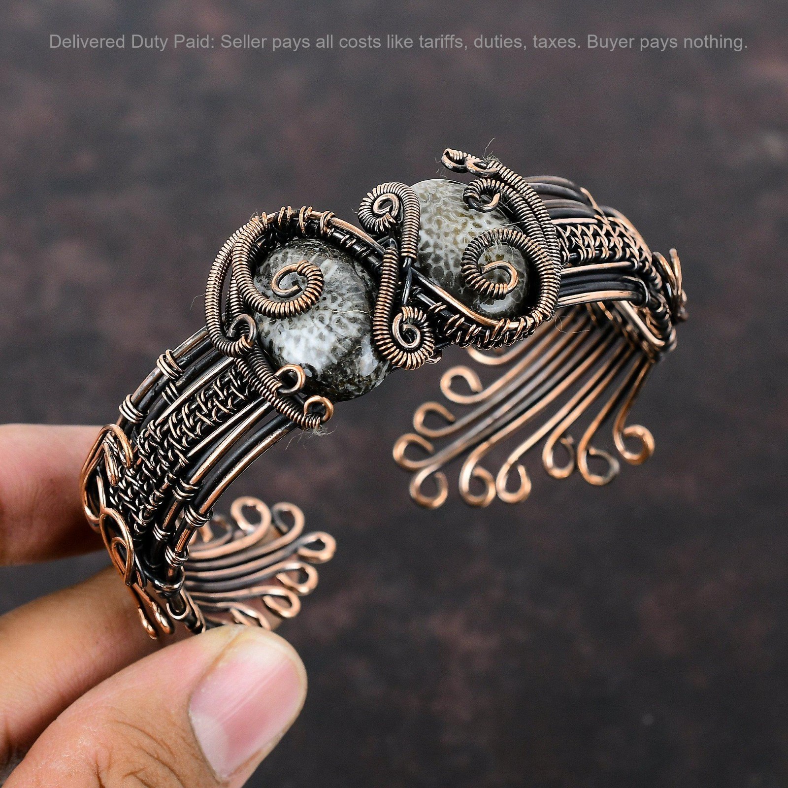 Oval Natural Stingray Coral Anniversary Wire Wrapped Unique Cuff Jewelry Copper gallery