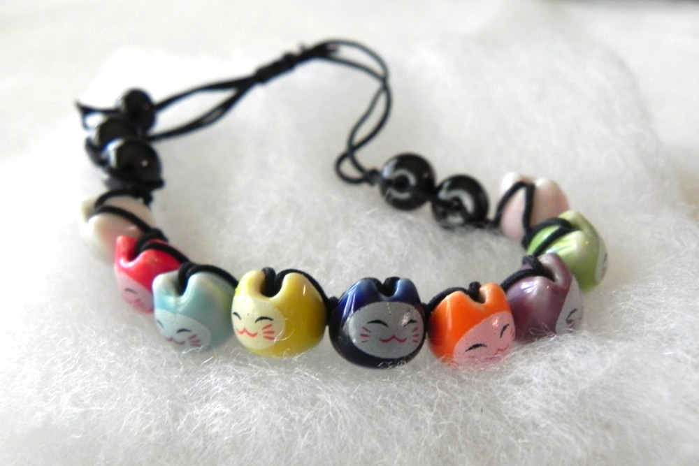 Ceramic Cat Faces Bracelet Beads Charms Black Multicolor Adjustable Cord
