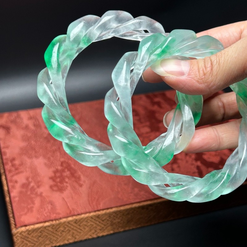 2PCS Real natural Myanmar high Ice green Jade jadeite bracelets Bangle 63mm gallery