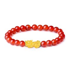 Real 999 24K Yellow Gold Bracelet 3D Pixiu Bead with Agate Beads Bracelet 6.3″L