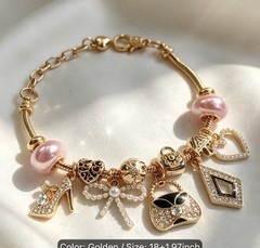 Gold Tone Girly Girl Charm Bracelet Pink &White Tiny Pearl Accent Charms