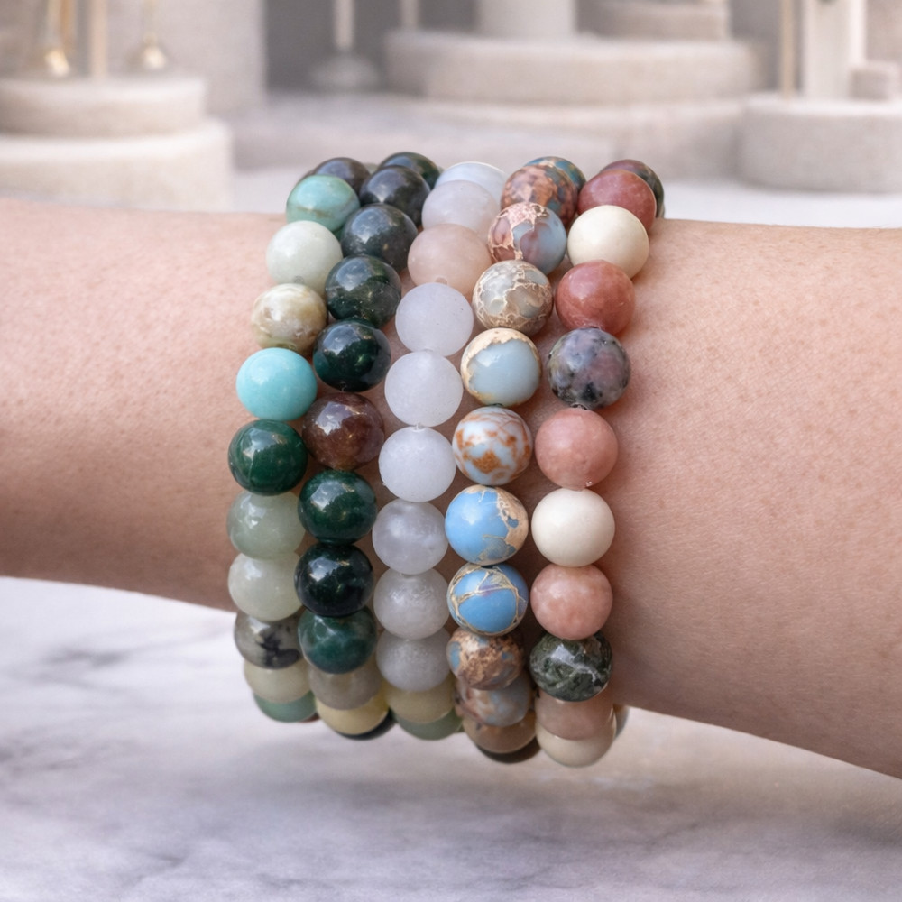 Natural Amazonite Onyx Agate Aventurine Jasper Stone Bracelet Set (5) 8mm Beads